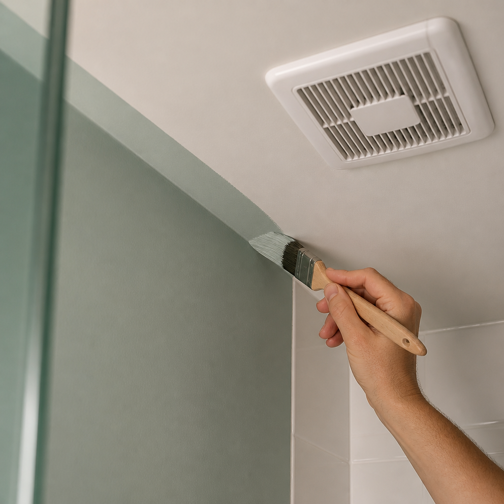 Close-up of a brush cutting in a clean paint line along a bathroom ceiling corner and ventilation fan.