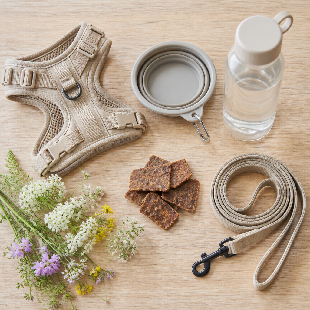 Flat-lay of dog harness, water bowl, leash and air-dried treat chips for spring dog outings.