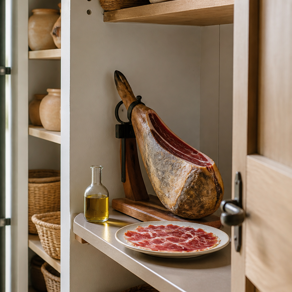 Jamón ibérico loncheado y entero en una despensa fresca y ventilada, listo para conservar en invierno.