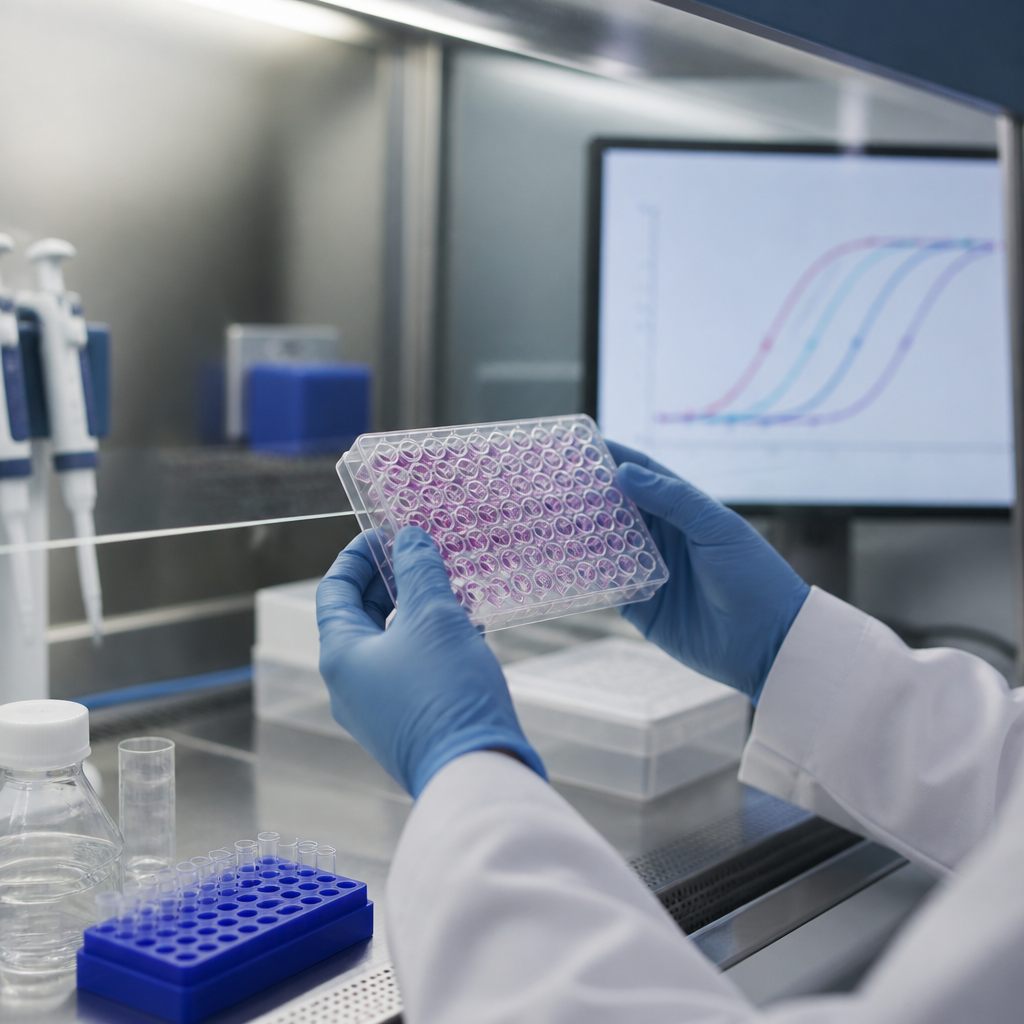 Gloved hands hold a cell culture plate in a biosafety cabinet during a multi-receptor assay screen.