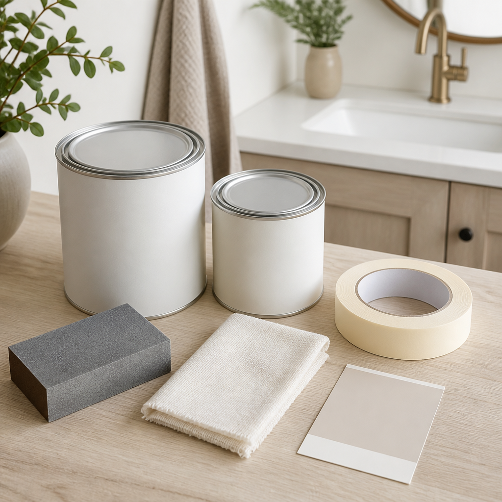 Painting supplies including primer, sanding block and paint samples arranged beside a bathroom vanity.