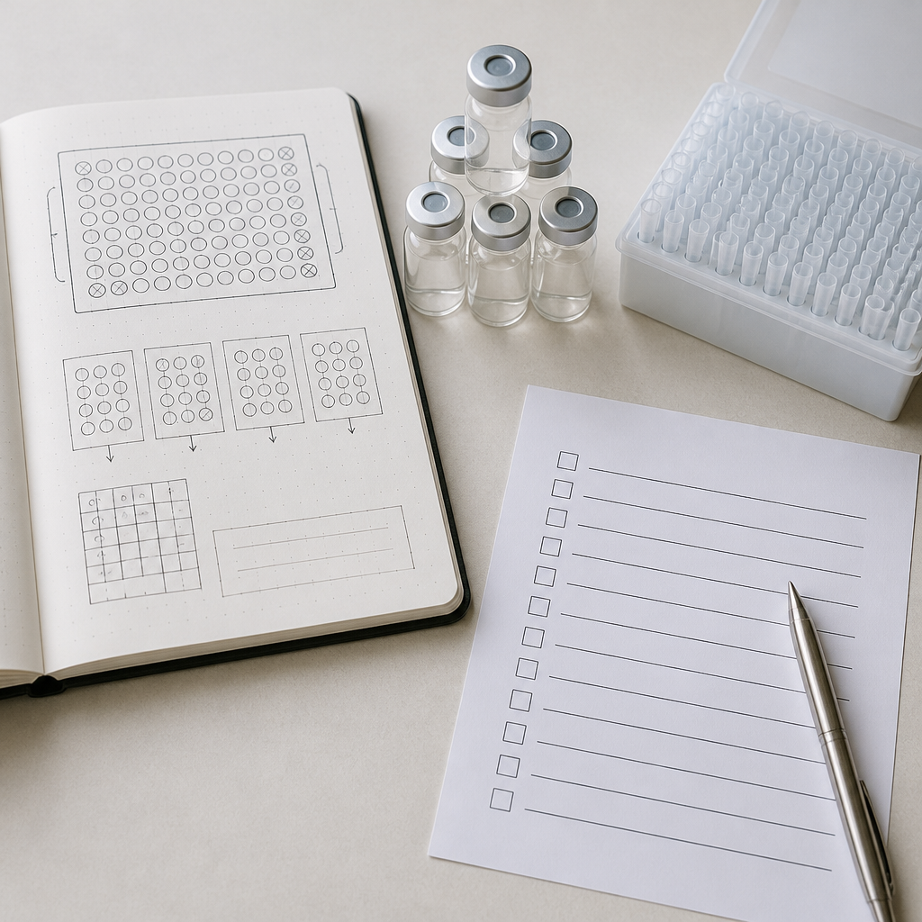Flat-lay of a lab notebook with assay panel sketches beside sealed vials and pipette tips for quality control.