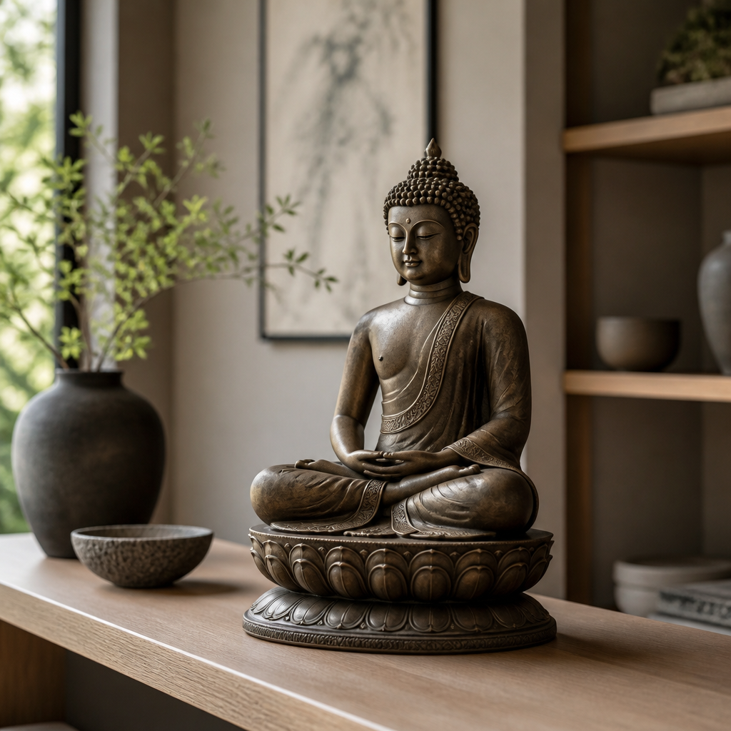 Seated Dhyani Buddha statue on a lotus base in a quiet collector's study with soft window light