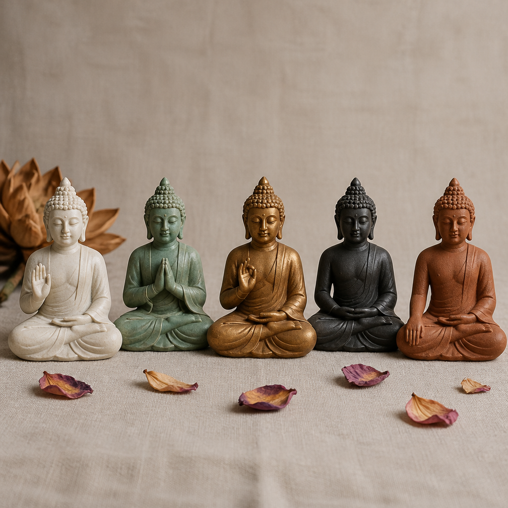 Five small seated Buddha statues in a row showing different hand gestures and finishes on linen
