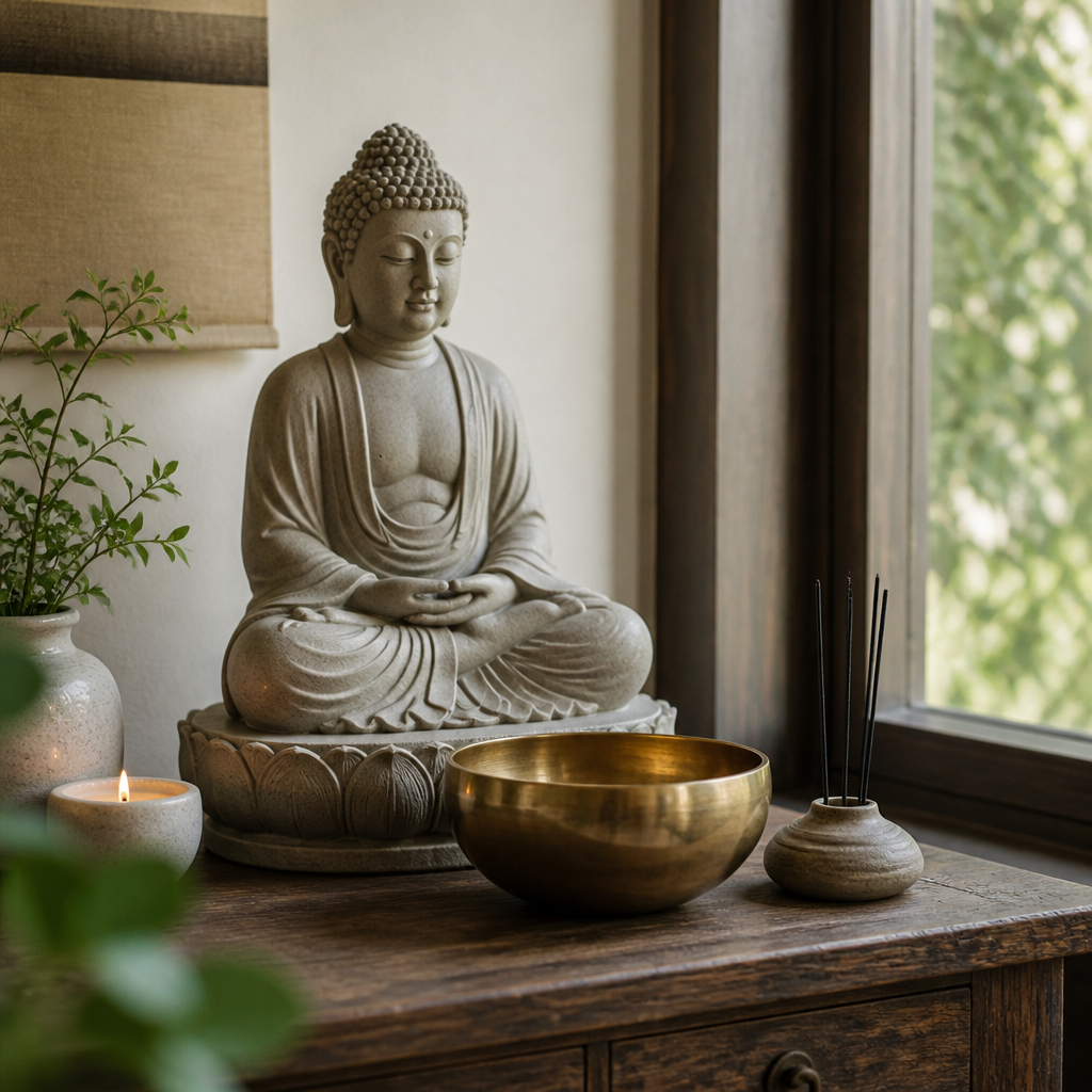 Home altar with a seated Buddha sculpture, brass offering bowl, and incense holder by a window