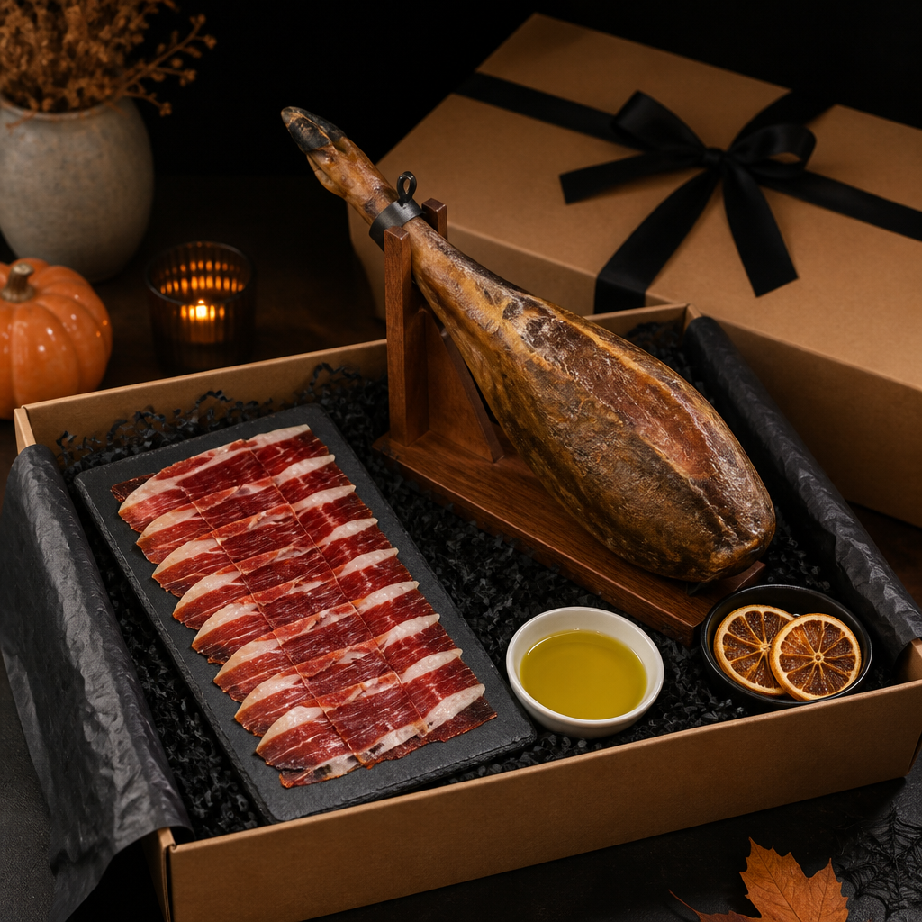 Pack de regalo gourmet de Halloween con lonchas de jamón ibérico, aceite de oliva y detalles otoñales sobre pizarra