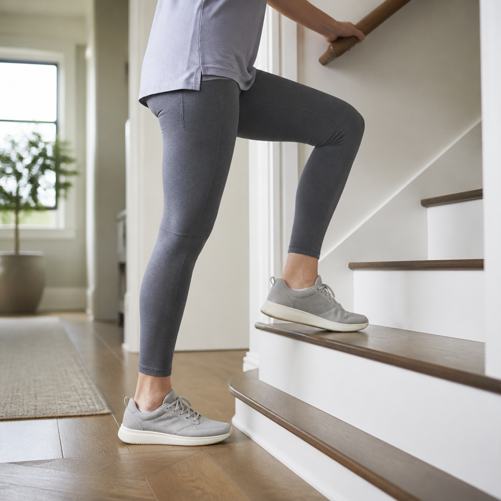 Adult climbing a bright home staircase with a hand on the railing, focusing on knee joint pain on stairs.
