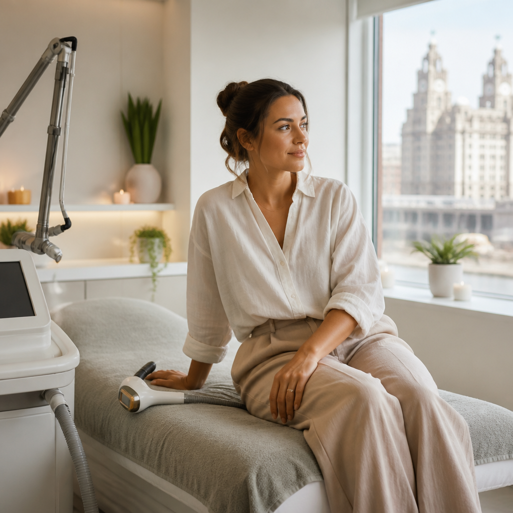 Client in a loose cotton shirt and relaxed trousers seated beside a laser hair removal treatment couch in a bright clinic room.
