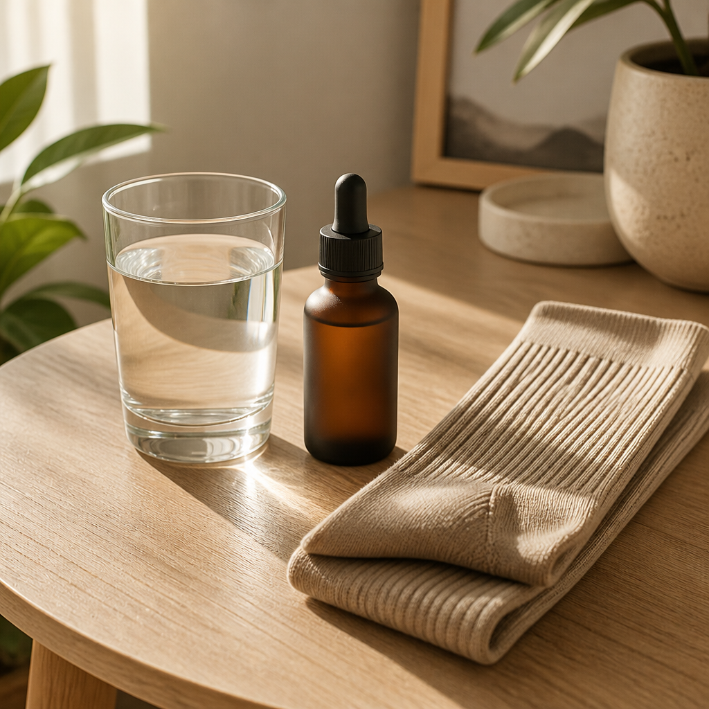 Plain unlabelled liquid supplement bottle and glass of water on a wooden table as part of a daily joint care routine.