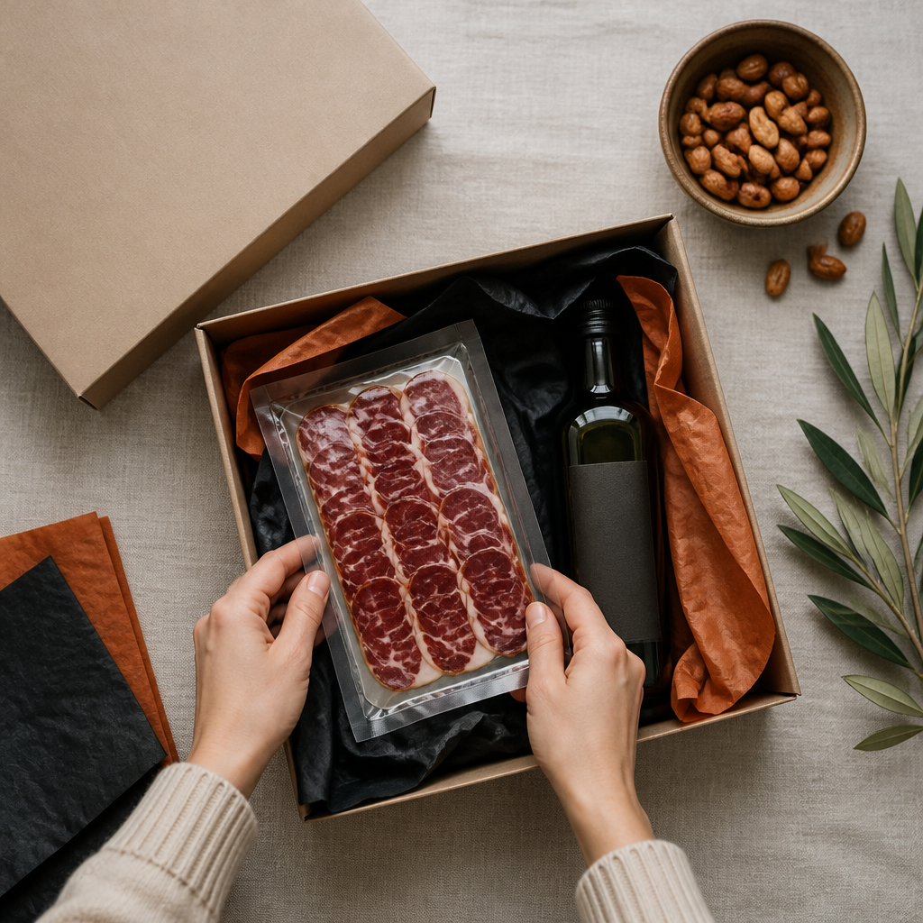 Montaje de un pack ibérico para regalar con caja sencilla, jamón en lonchas y aceite de oliva en una mesa de lino