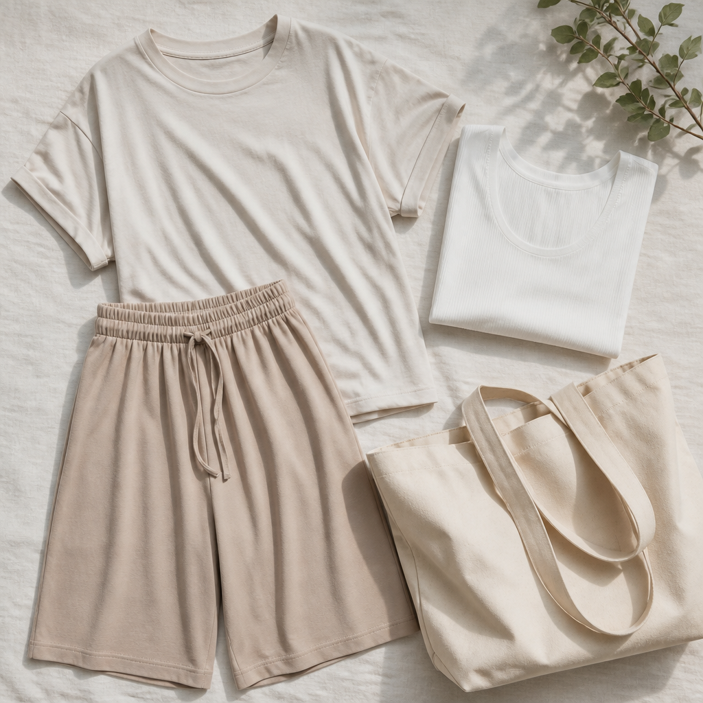 Flat-lay of loose cotton clothing, soft shorts and a breathable top arranged for a laser hair removal visit.