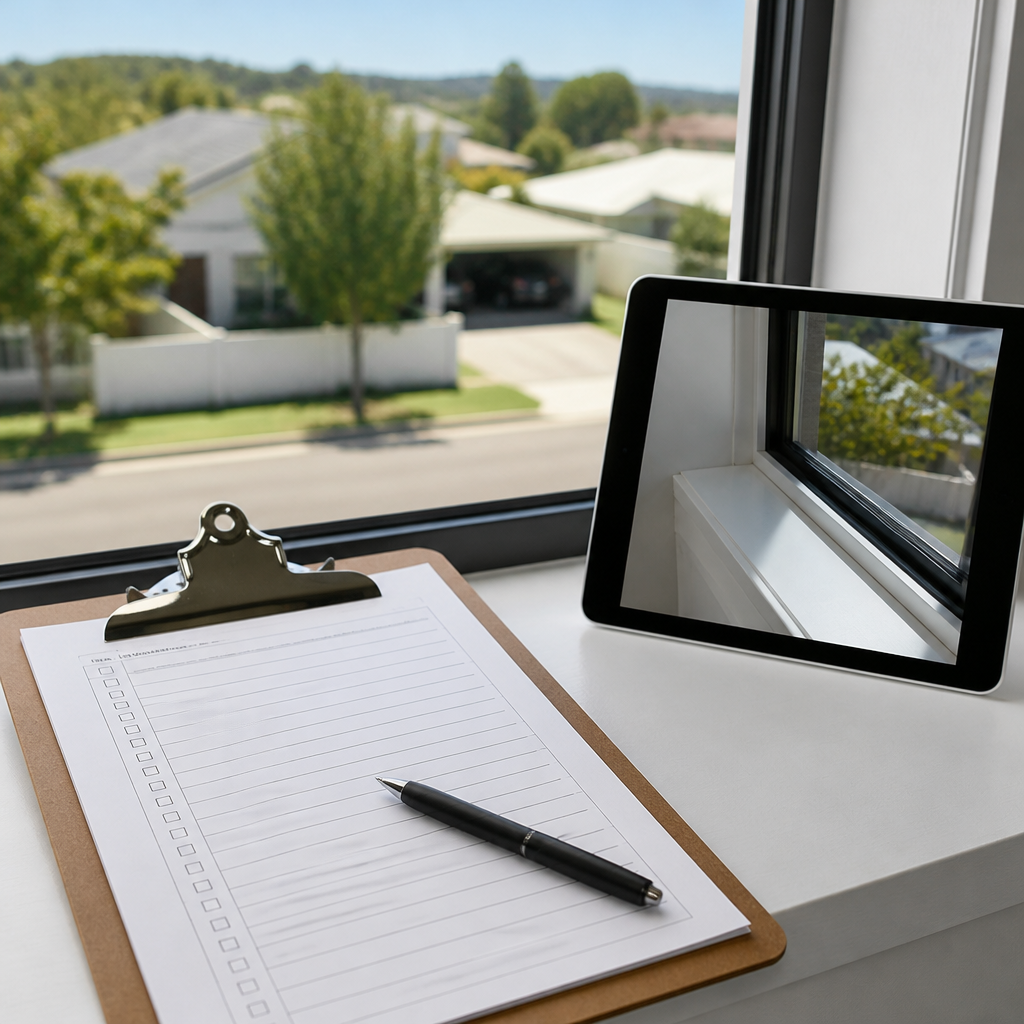 Handover inspection checklist and tablet photo of a window sill on a new home windowsill