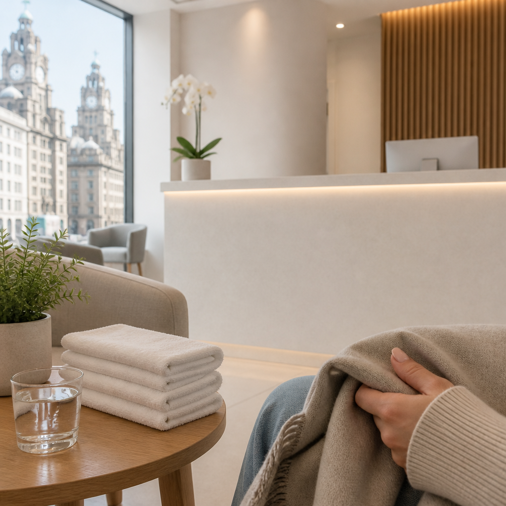 Welcoming laser clinic waiting area with folded towels, water and a light wrap ready before a treatment appointment.