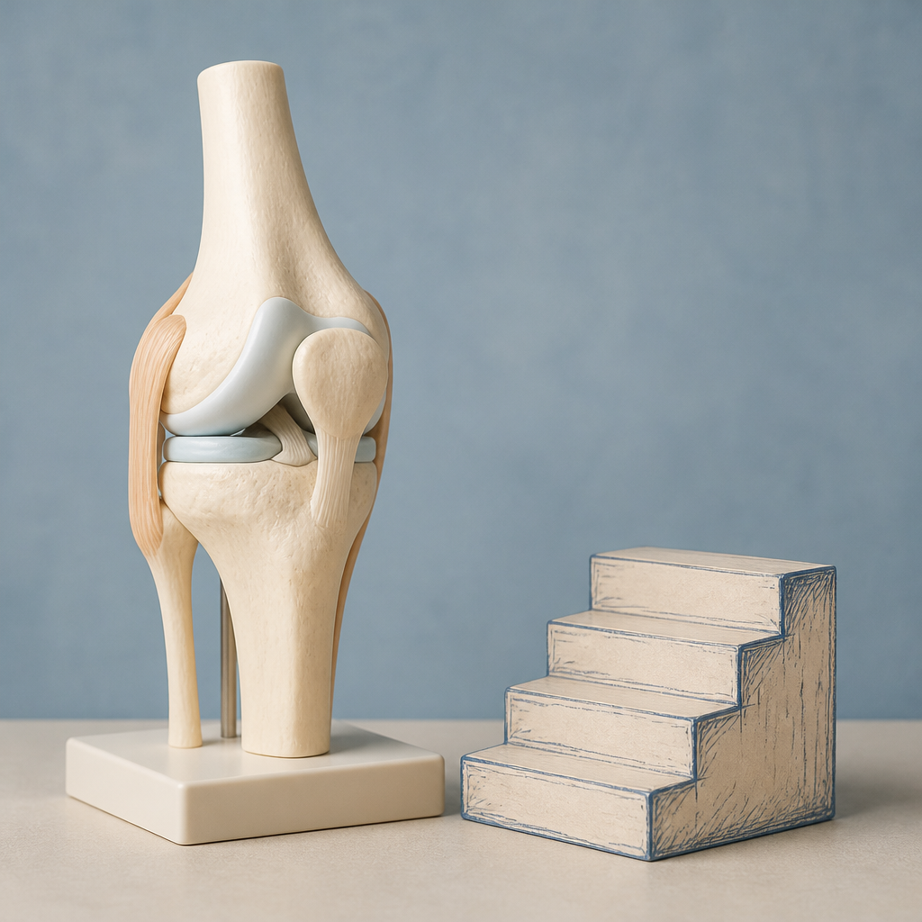 Simplified knee joint model placed beside a small staircase, illustrating causes of knee stiffness and cartilage wear.