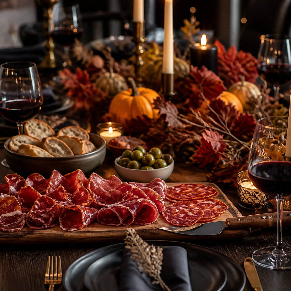 Mesa de Halloween con tabla de jamón ibérico cortado a mano, aceitunas, pan y velas para una cena con anfitriones
