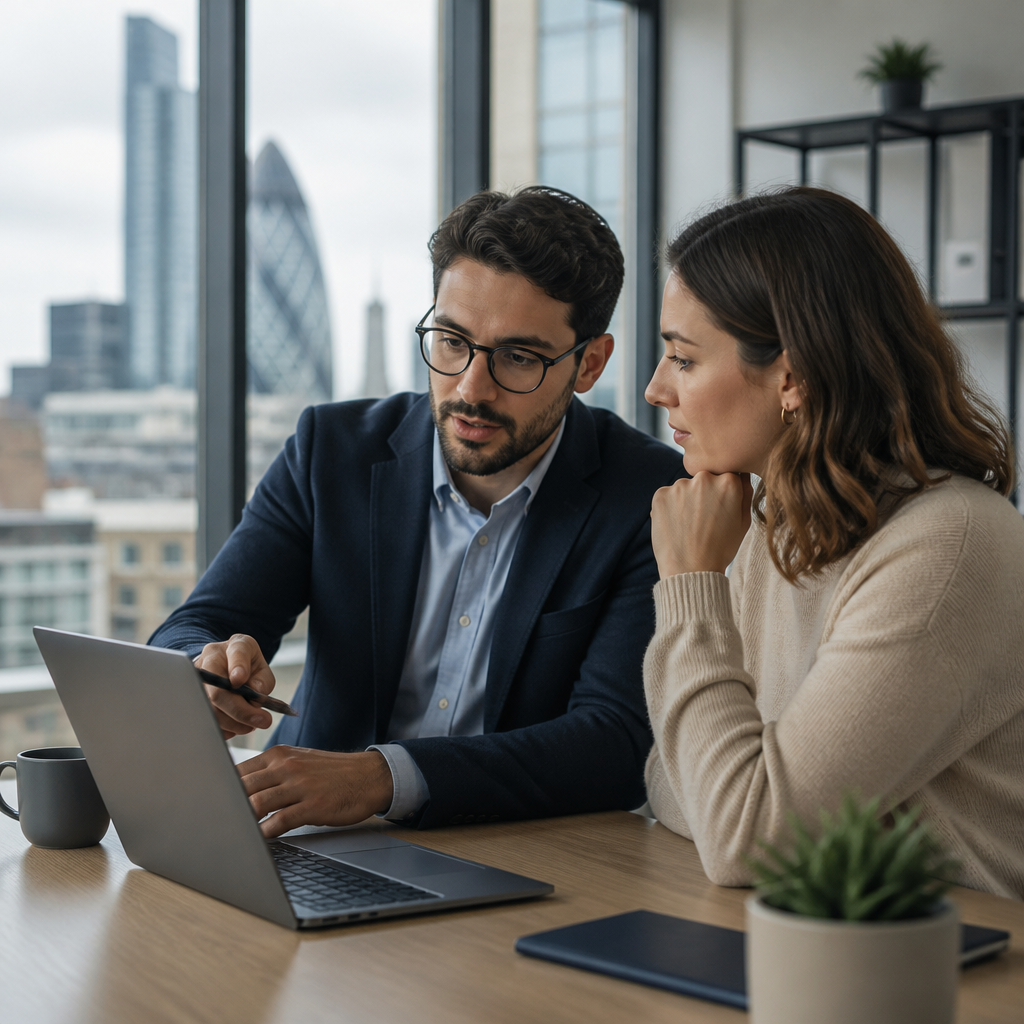 IT engineer and business owner reviewing access control settings on a laptop in a bright London office
