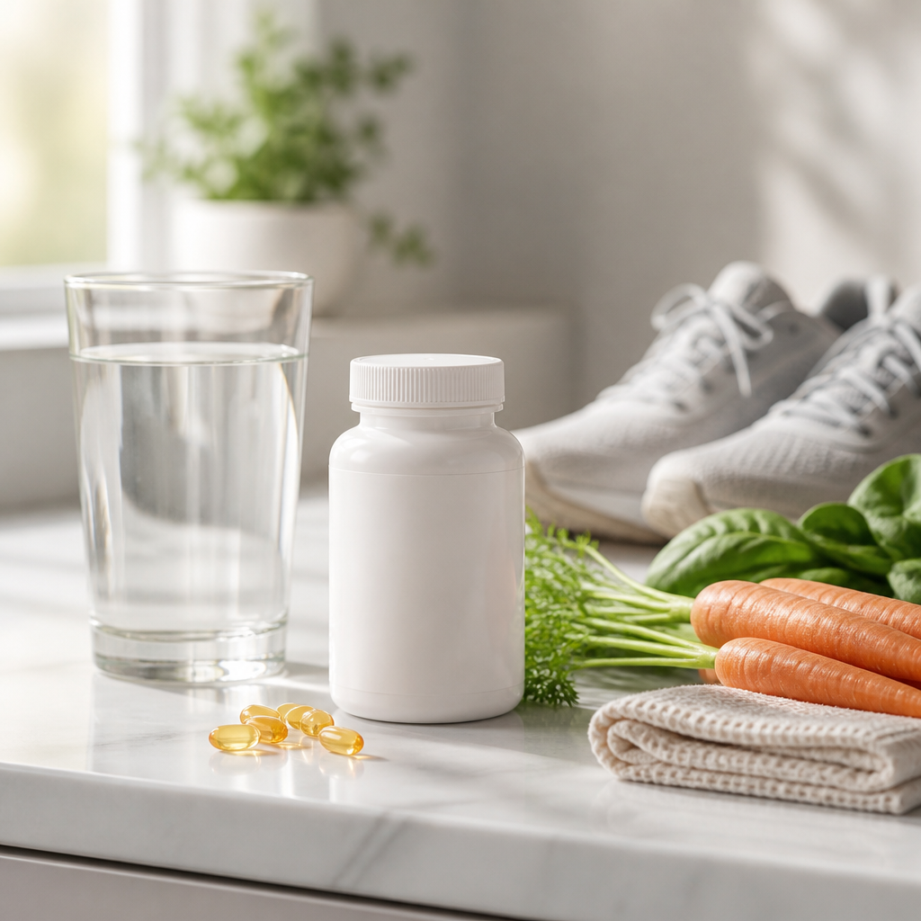 Vitamin A supplement bottle beside carrots, leafy greens and a glass of water on a bright kitchen counter for active living