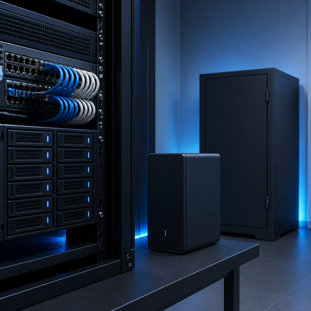 Neatly organised server rack and backup storage hardware in a secure small business data room
