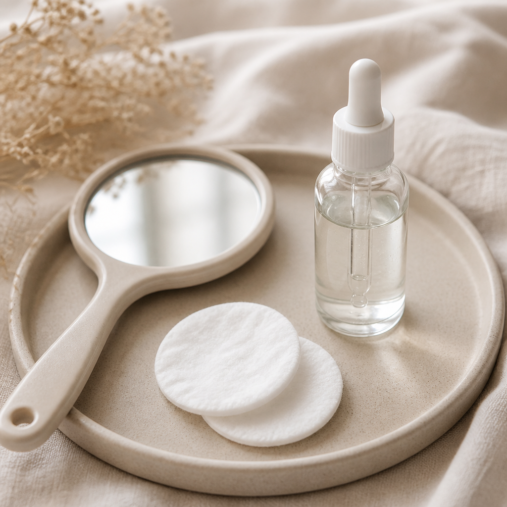 Minimal styled tray with hand mirror, cotton pads and plain dropper bottle on linen for a lip treatment guide