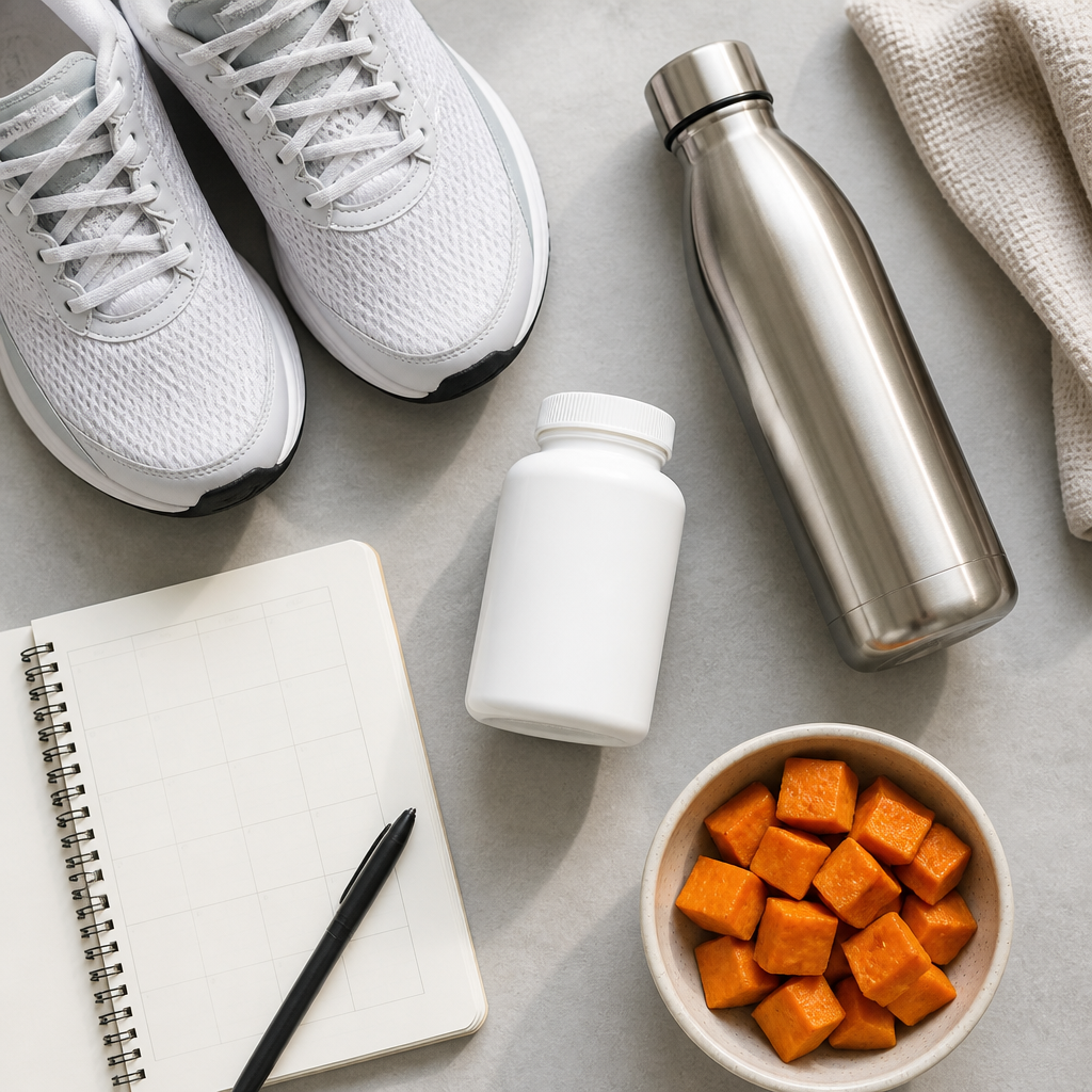 Flat-lay of running shoes, water bottle and plain supplement bottle with sweet potato for an active lifestyle routine