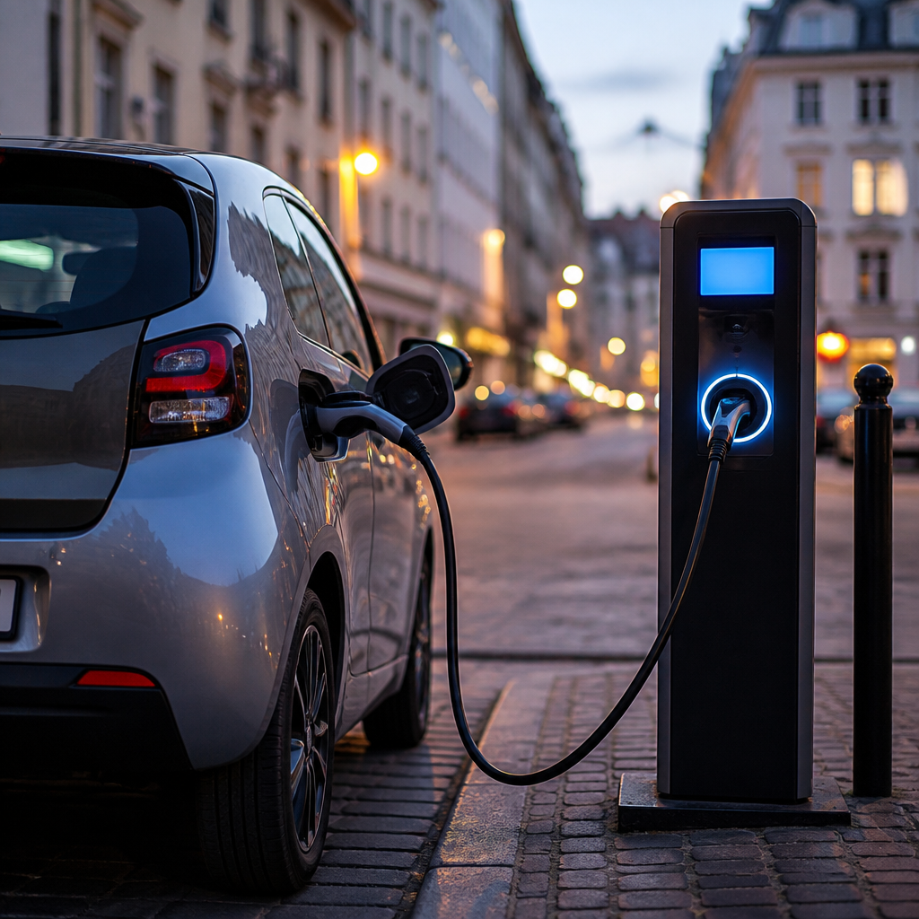 Compact electric car charging at a public station on a city street in the evening.