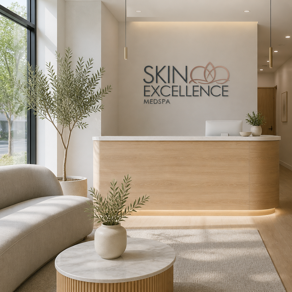 Skin Excellence MedSpa reception area in Aurora with wood front desk, plant and logo on the wall