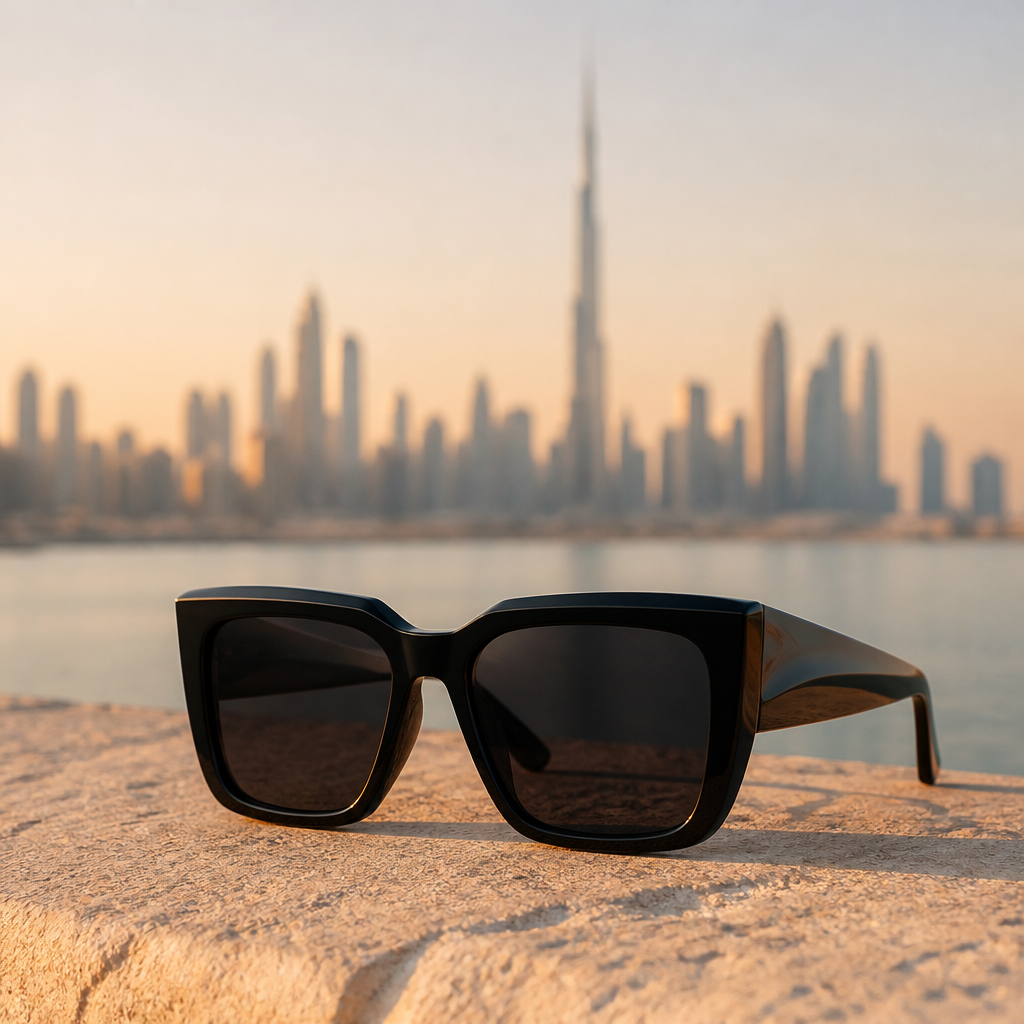 Bold black angular sunglasses resting on a sandstone ledge with a blurred Dubai skyline at golden hour