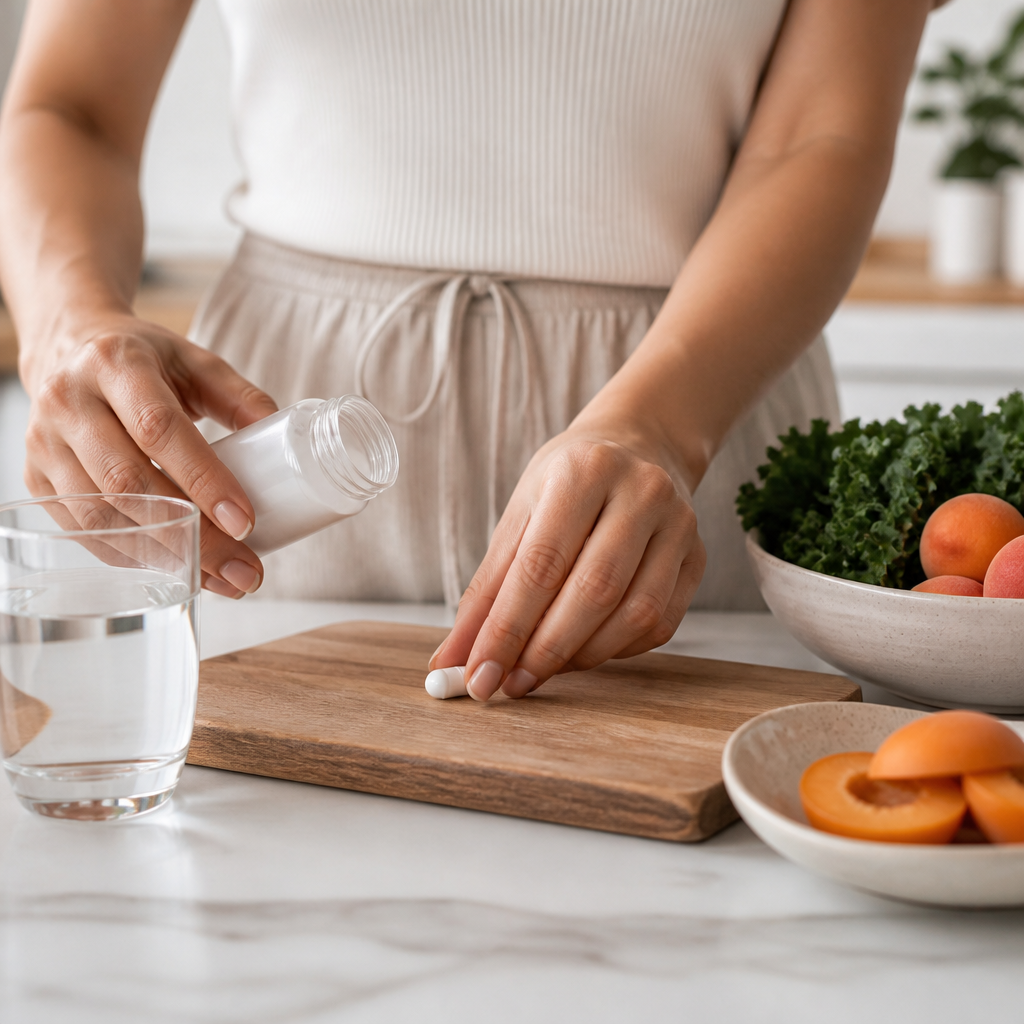 Hands measuring a plain softgel supplement next to apricots and kale on a wooden board in a bright kitchen