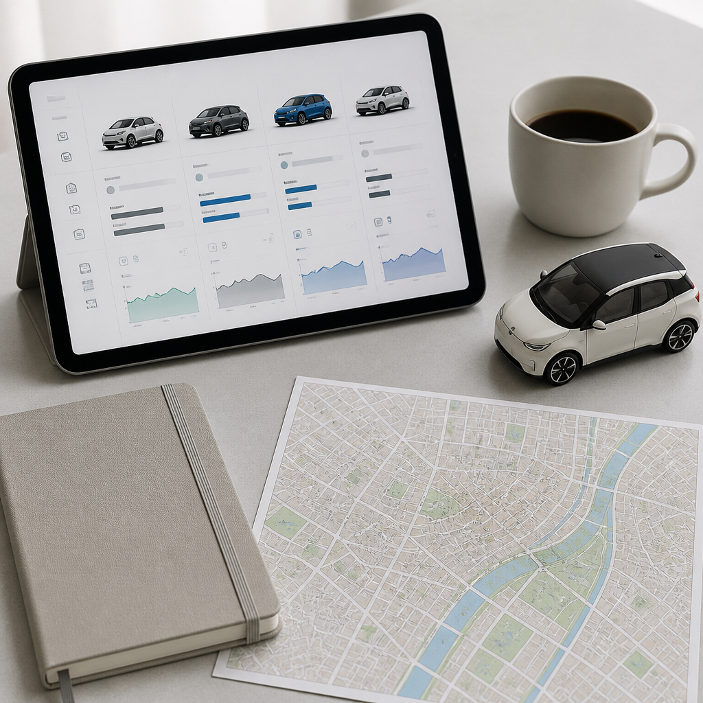 Desk with a tablet showing EV comparison charts, a city map, and a notebook for planning a car choice.