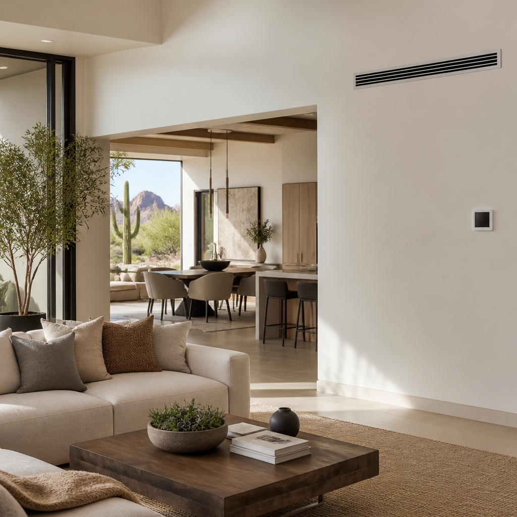 Open living room with tall ceilings and a discreet wall vent and thermostat in a Scottsdale luxury home