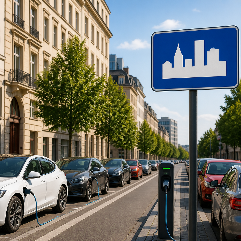 Comparativa de coches eléctricos y de gasolina aparcados junto a una zona de bajas emisiones en una ciudad europea