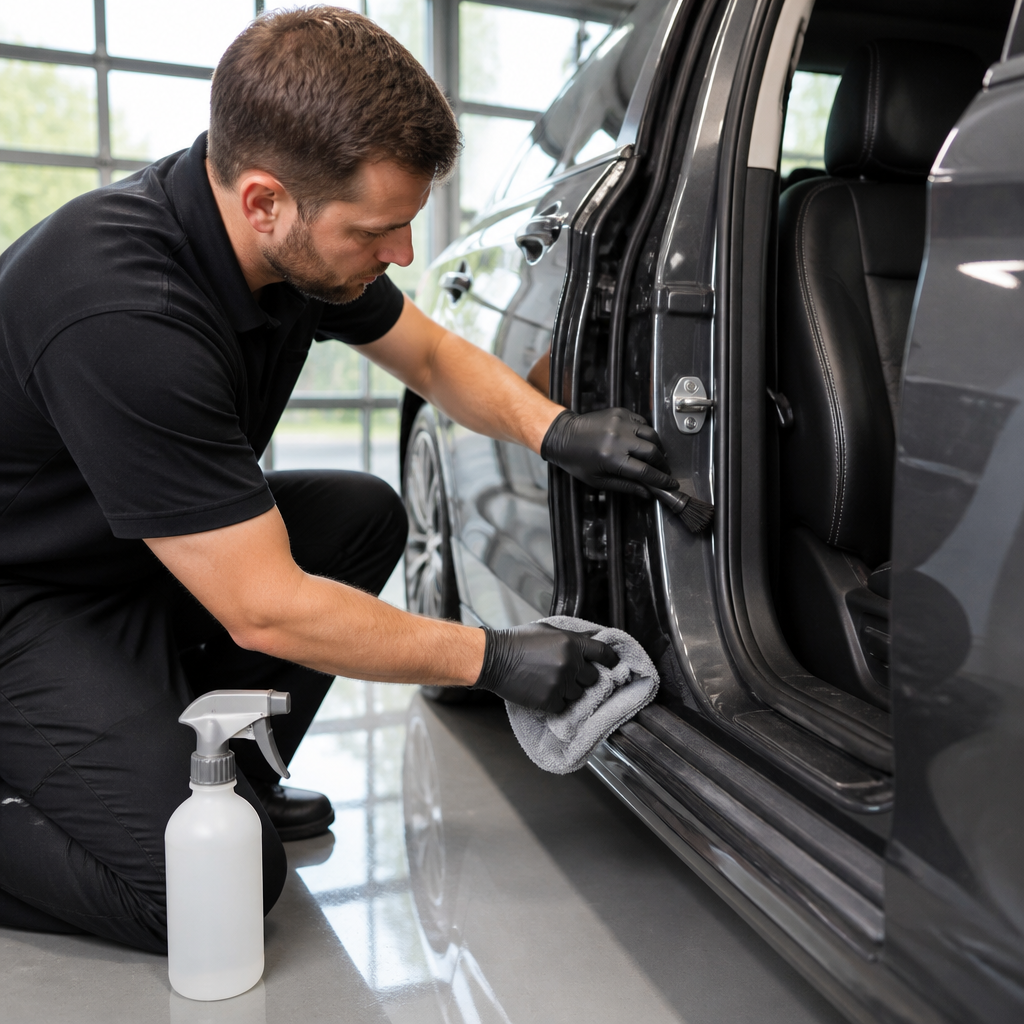 Detailer cleaning the open door jamb of a gray luxury sedan during exterior detailing in Glendale Heights IL