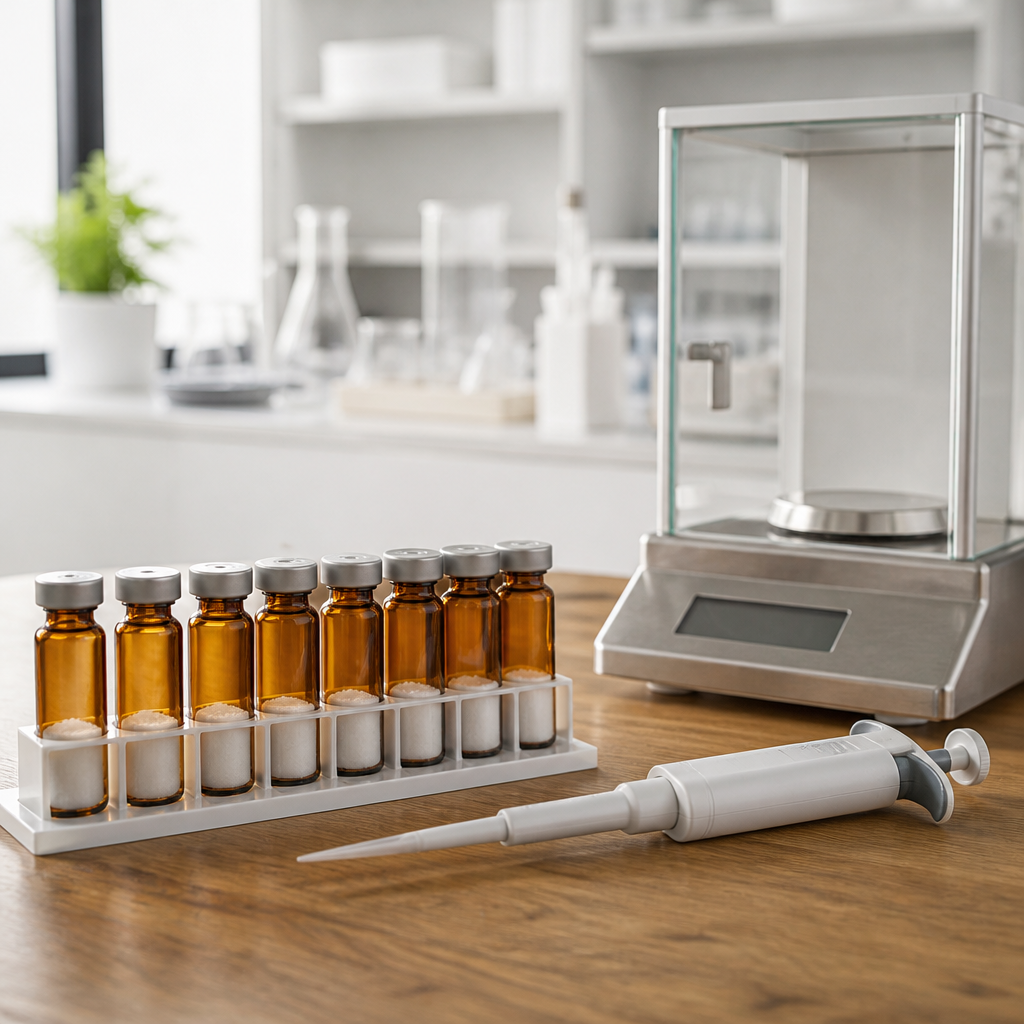 Rack of unlabelled amber vials of lyophilized retatrutide 84mg research material on a clean laboratory bench with a micropipette.