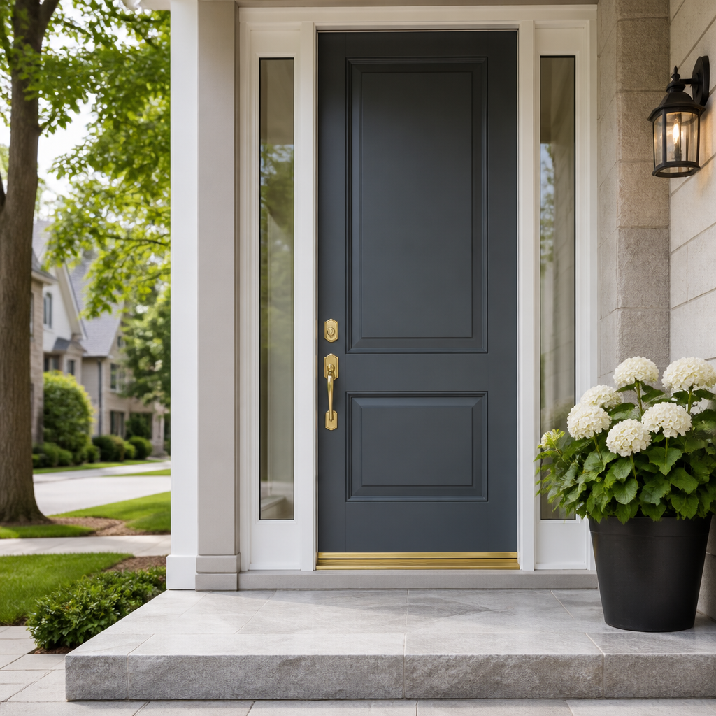 Freshly cleaned front door with glass sidelights and polished hardware during entrance cleaning in Ontario