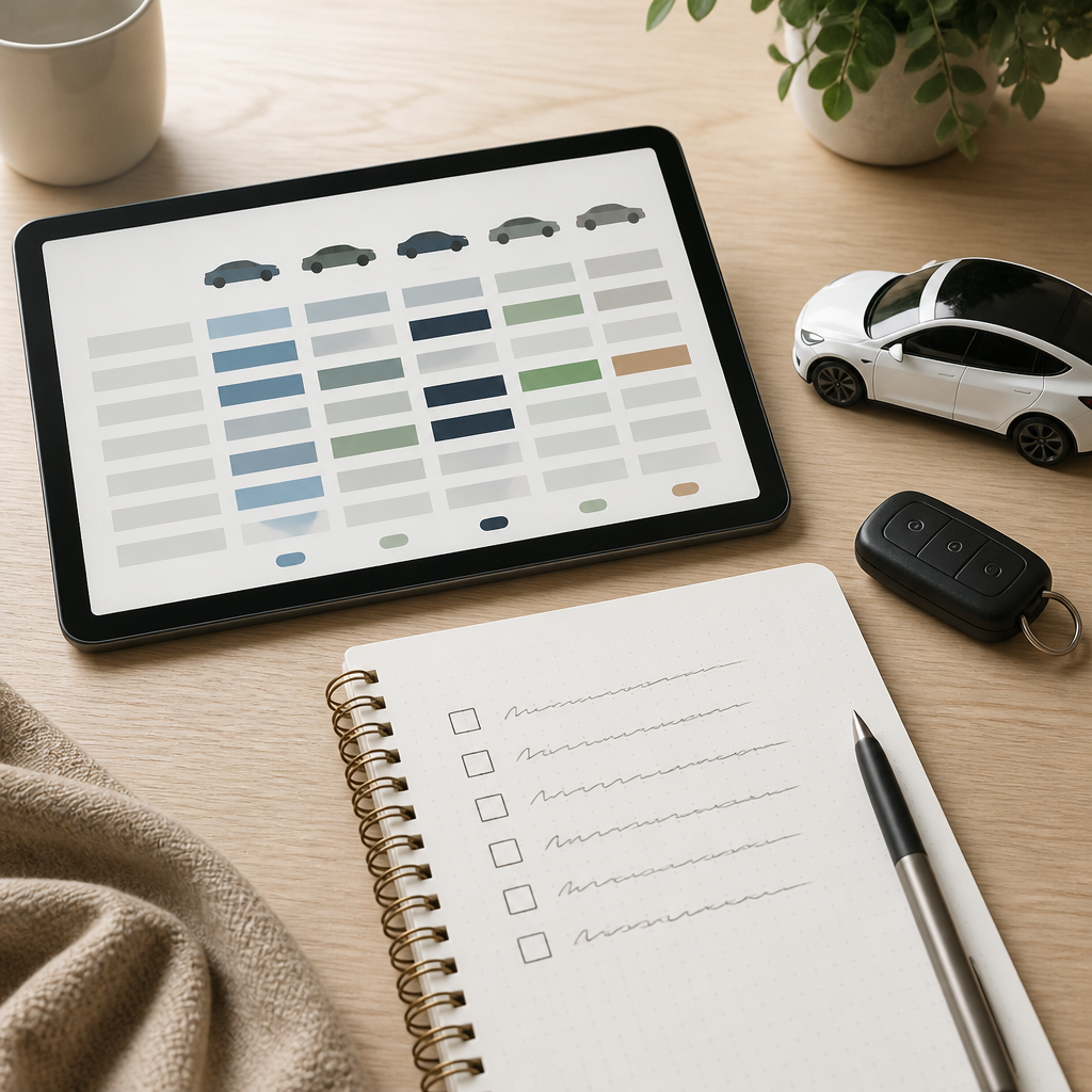 Escritorio con tableta mostrando una comparativa de vehículos y una lista para revisar antes de comprar un coche eléctrico