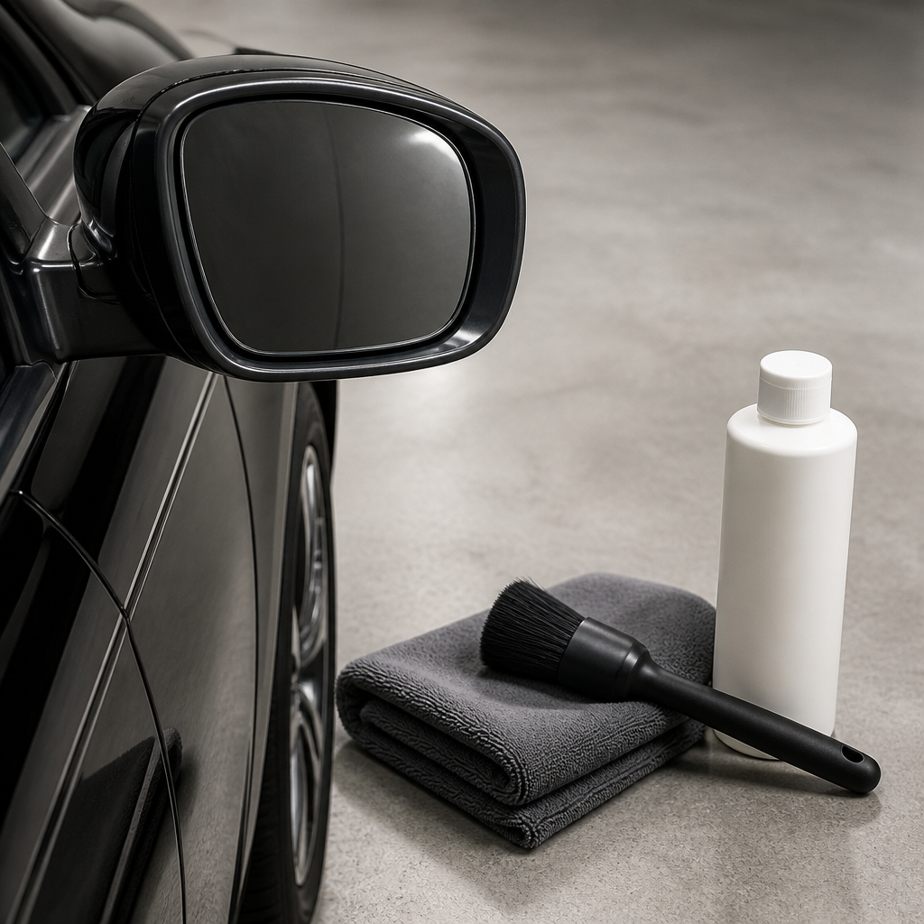 Close-up of a black SUV side mirror seam and detailing tools used for panel gap cleaning in Illinois