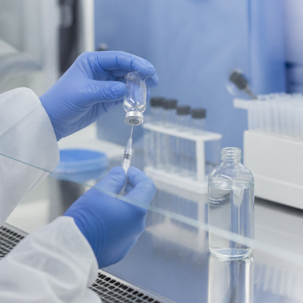 Gloved hands reconstituting research peptide vial with bacteriostatic water inside a laboratory biosafety cabinet.