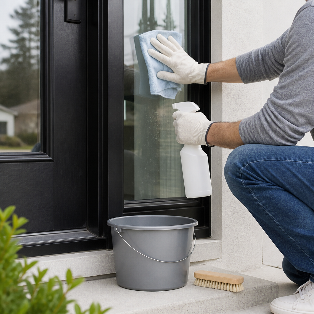Hands in gloves wiping glass beside a front door with a microfibre cloth during door detailing