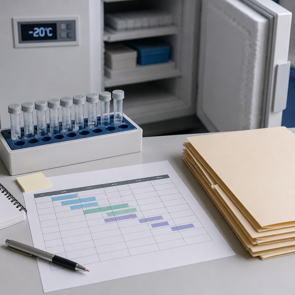 Laboratory planning desk with multi-week study schedule, storage tubes in a rack, and documentation folders for peptide research.