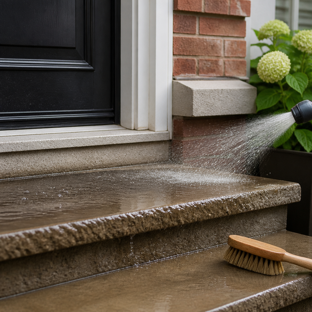 Close-up of a door threshold and entry steps being rinsed during exterior door detailing in Ontario