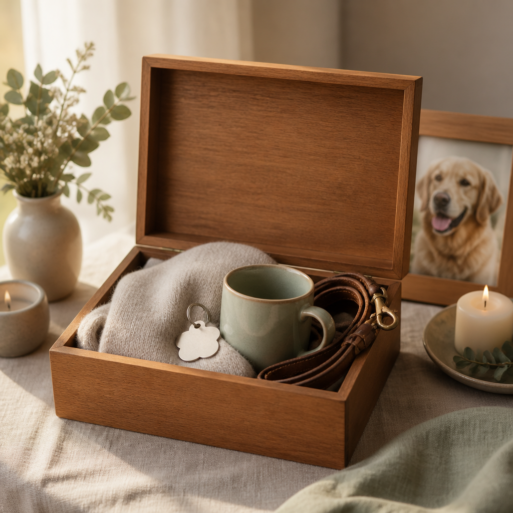 A wooden pet memorial memory box open on a linen table with a folded blanket, ceramic mug and a worn leash.