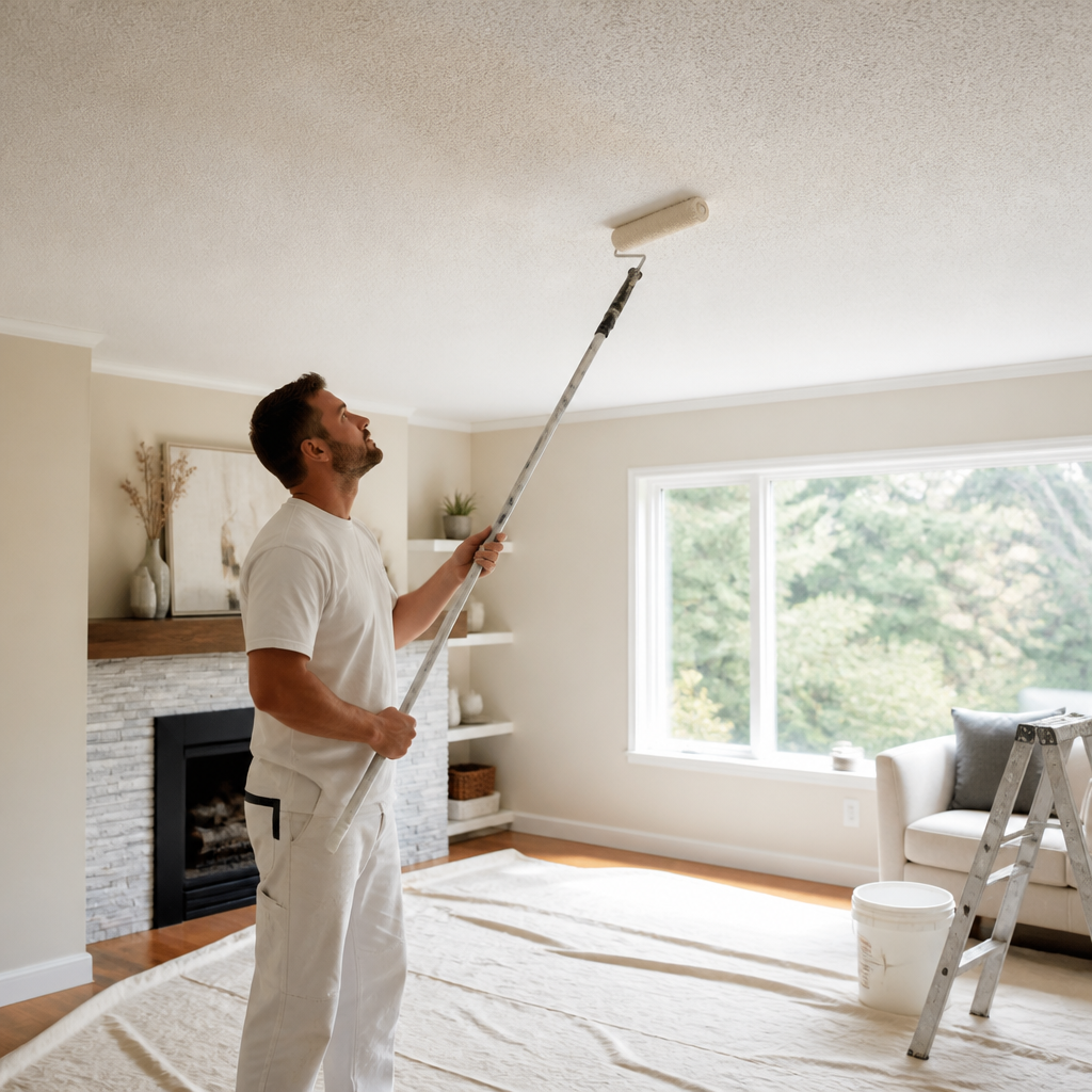 Professional painter inspecting a white popcorn ceiling in a bright Fraser Valley living room before painting.