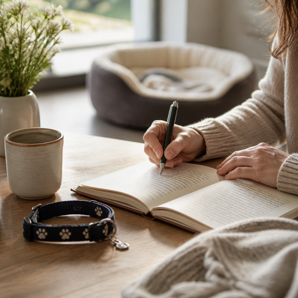 Hands writing a heartfelt tribute in a notebook beside a pet's collar on a sunlit kitchen table.