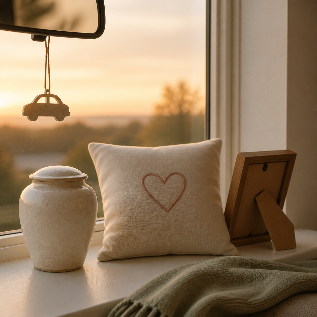 Pet keepsakes on a windowsill at dusk, including a ceramic vessel, a plush pillow and a hanging car ornament.