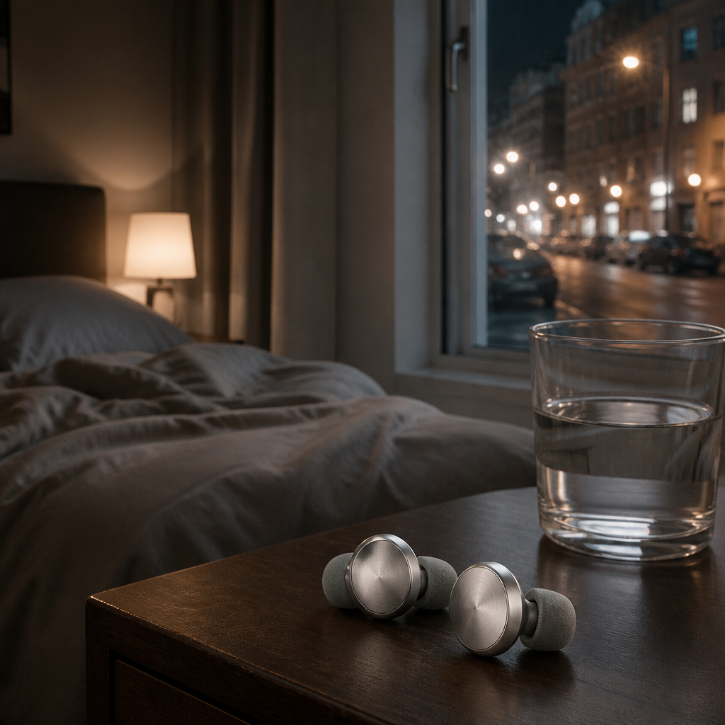 Pair of metal-bodied reusable ear plugs on a nightstand in a bedroom overlooking a noisy city street at night.