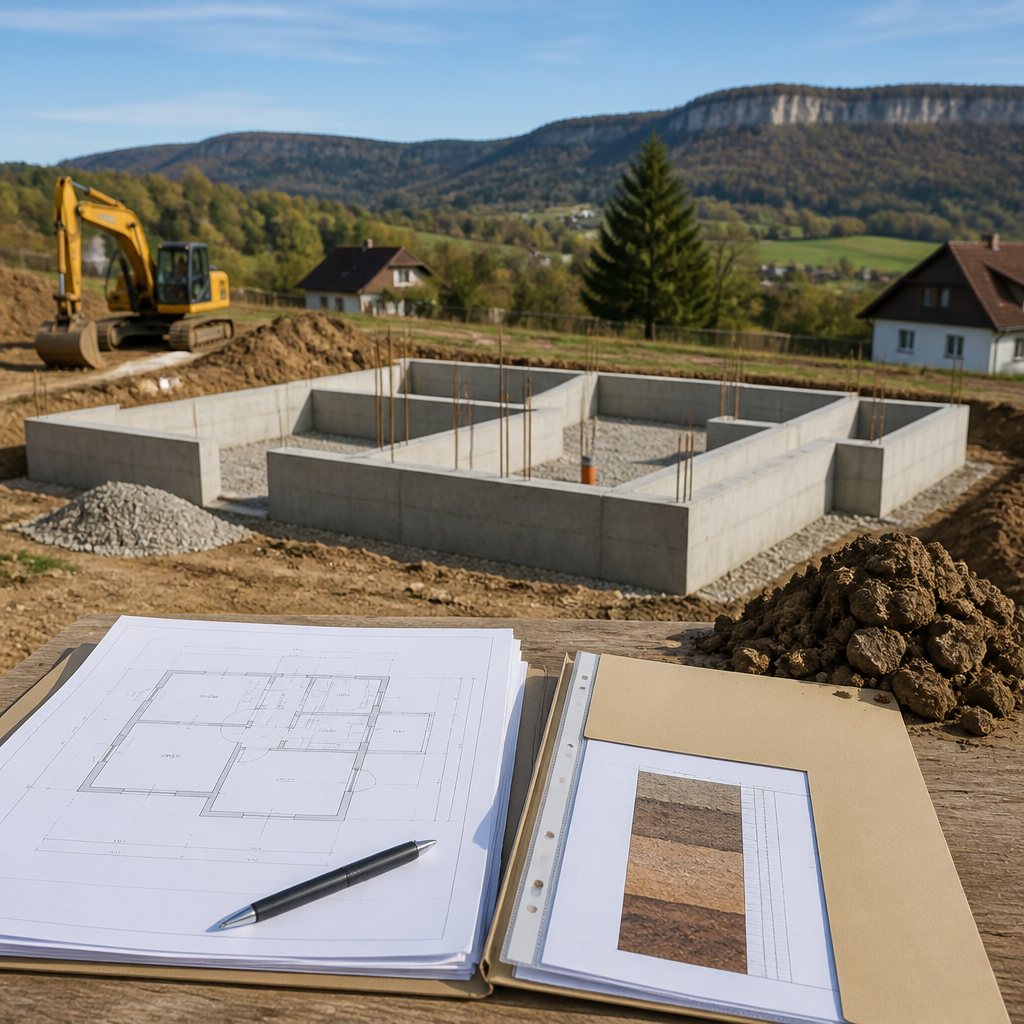 Fondations d'une future maison dans le Jura, avec plan de construction et dossier d'étude de sol.