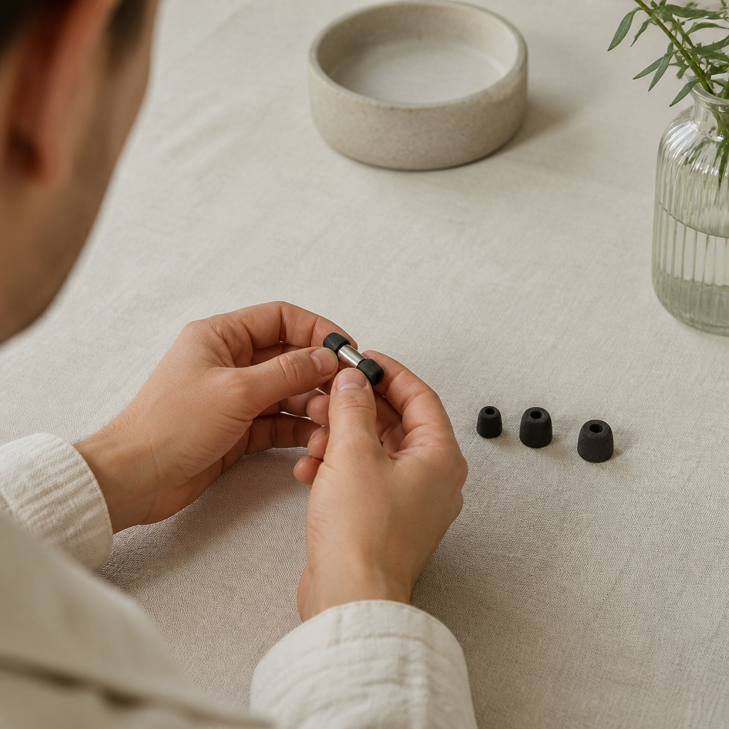 Hands arranging three sizes of foam tips next to a metal ear plug to find the right fit for city sleep.