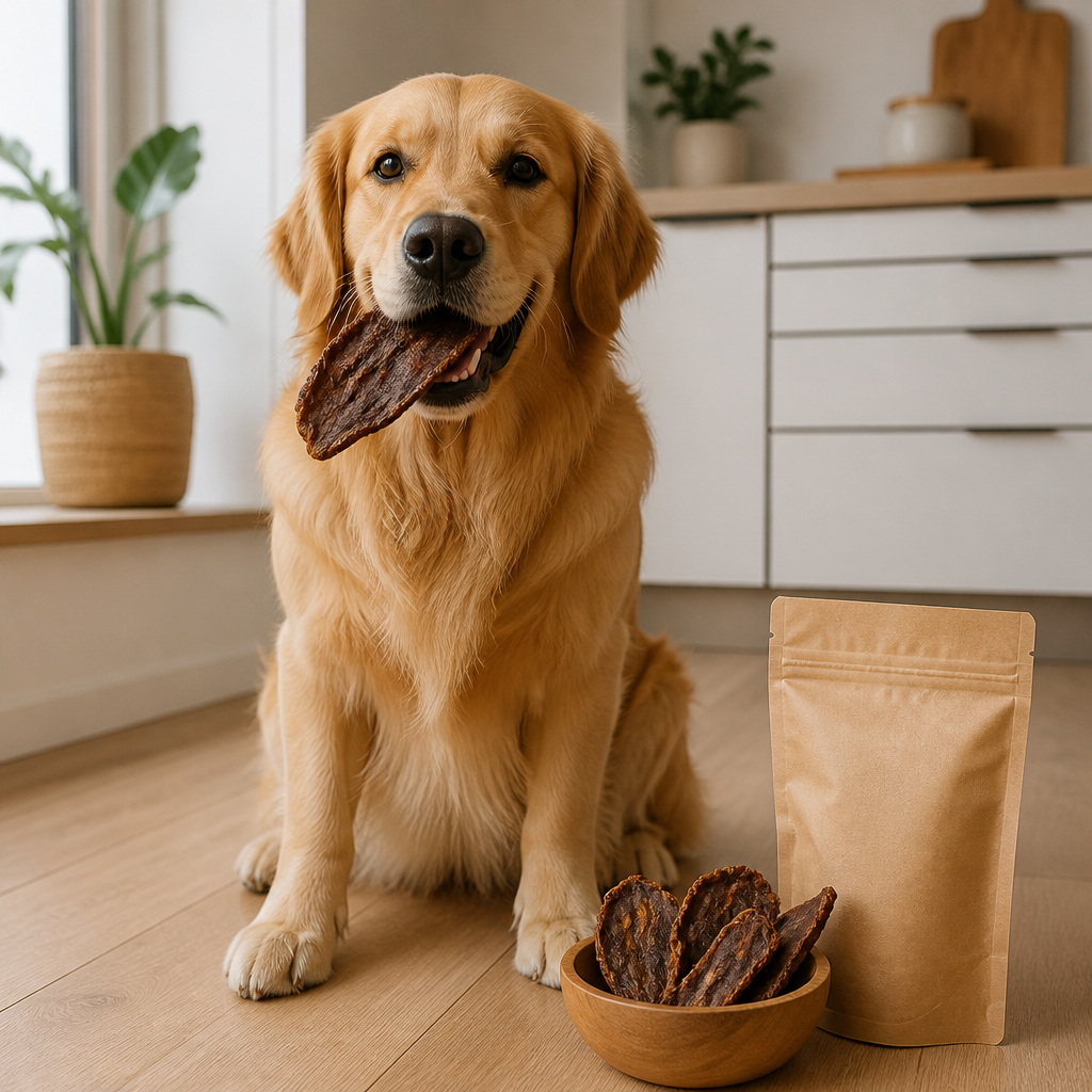 Golden retriever chewing an air-dried meat chip on a kitchen floor, showing crunchy dog treats and dental health in a home setting