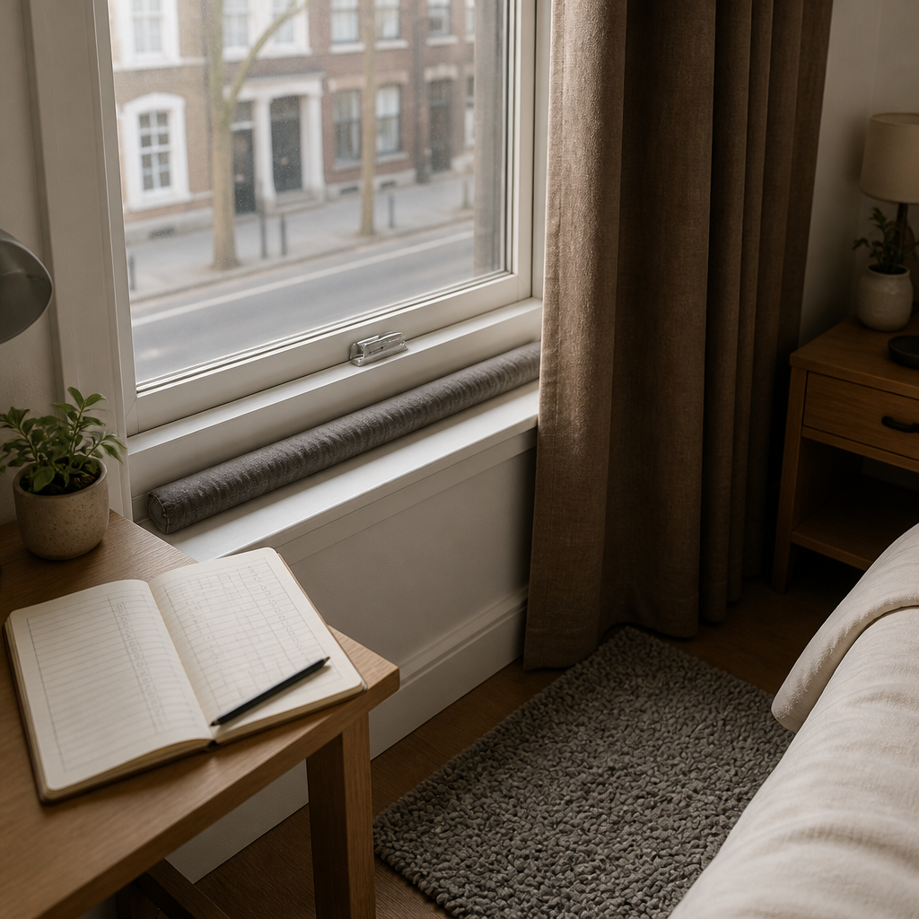 Bedroom window with sealed gaps, heavy curtain and a sleep log on a bedside table to reduce street noise.
