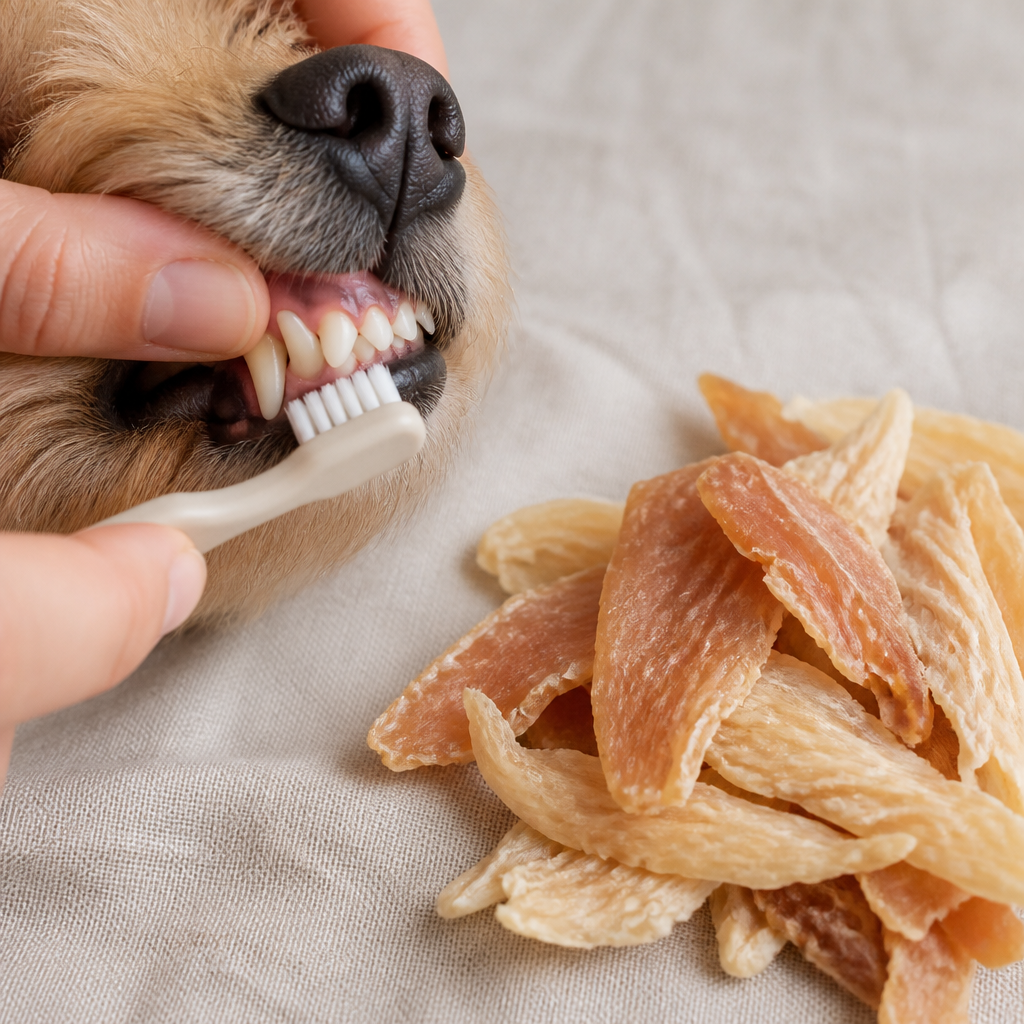 Close-up of a dog's teeth beside air-dried chicken and turkey chips and a pet toothbrush on linen